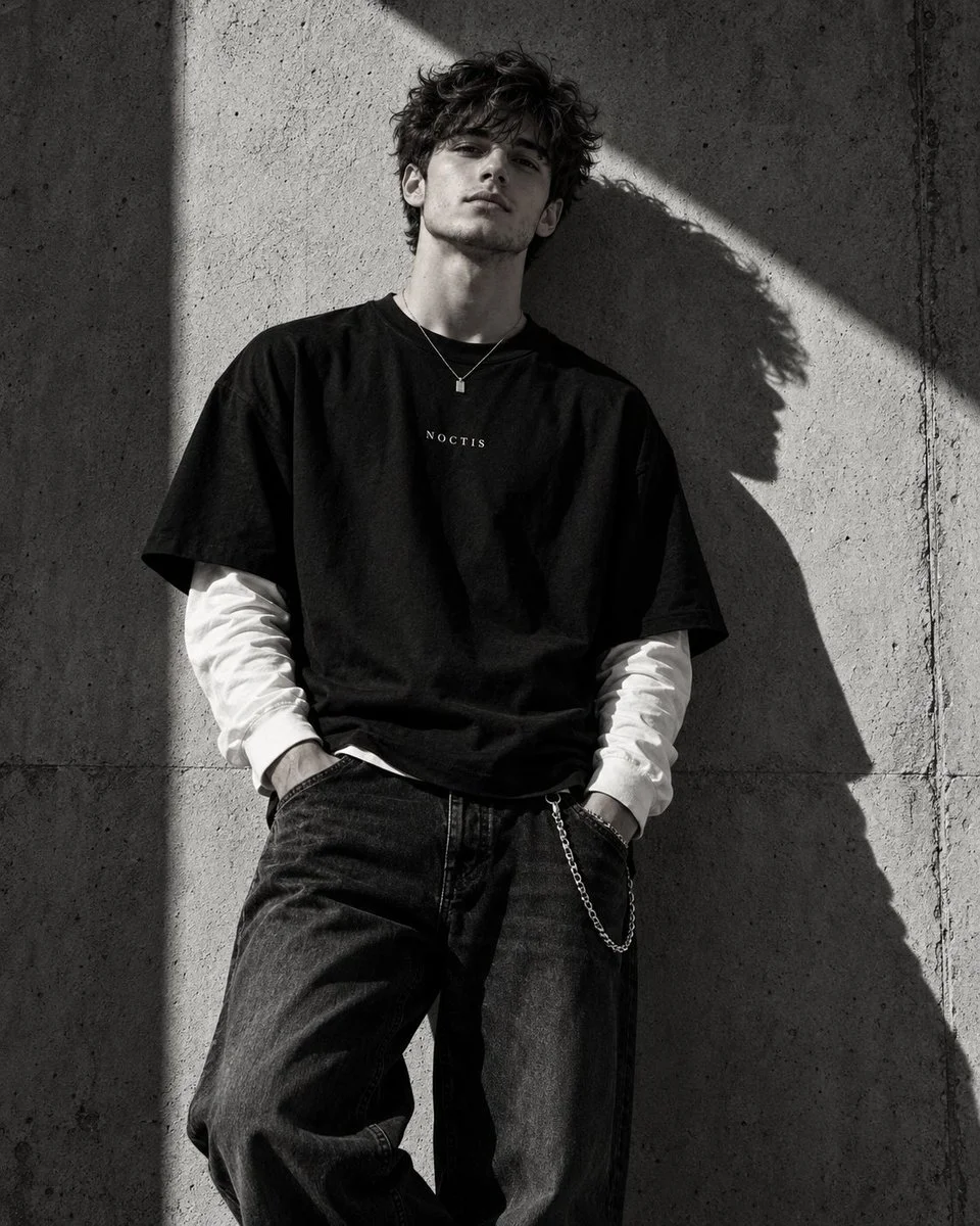 Curly-haired man in black poses against concrete wall with sunlight