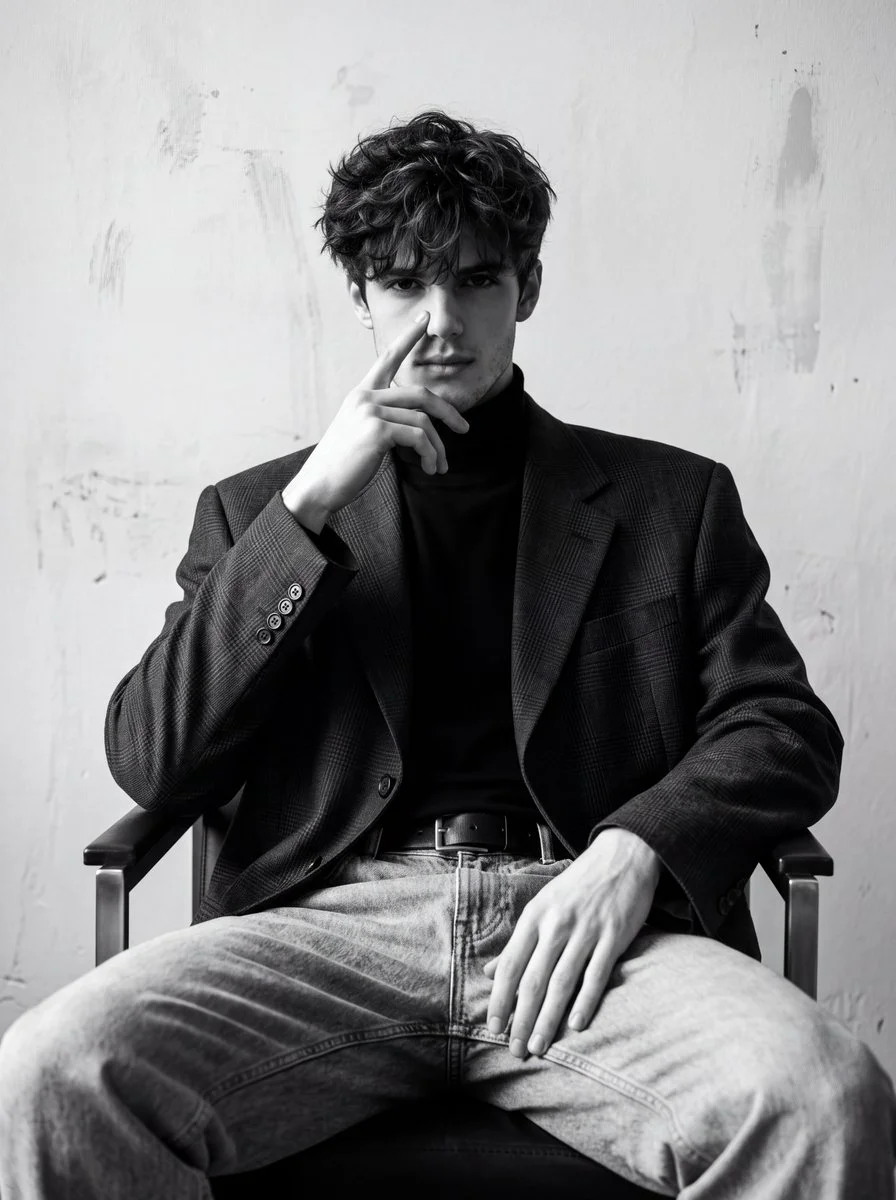 Curly-haired man in plaid blazer sits in dramatic monochrome portrait