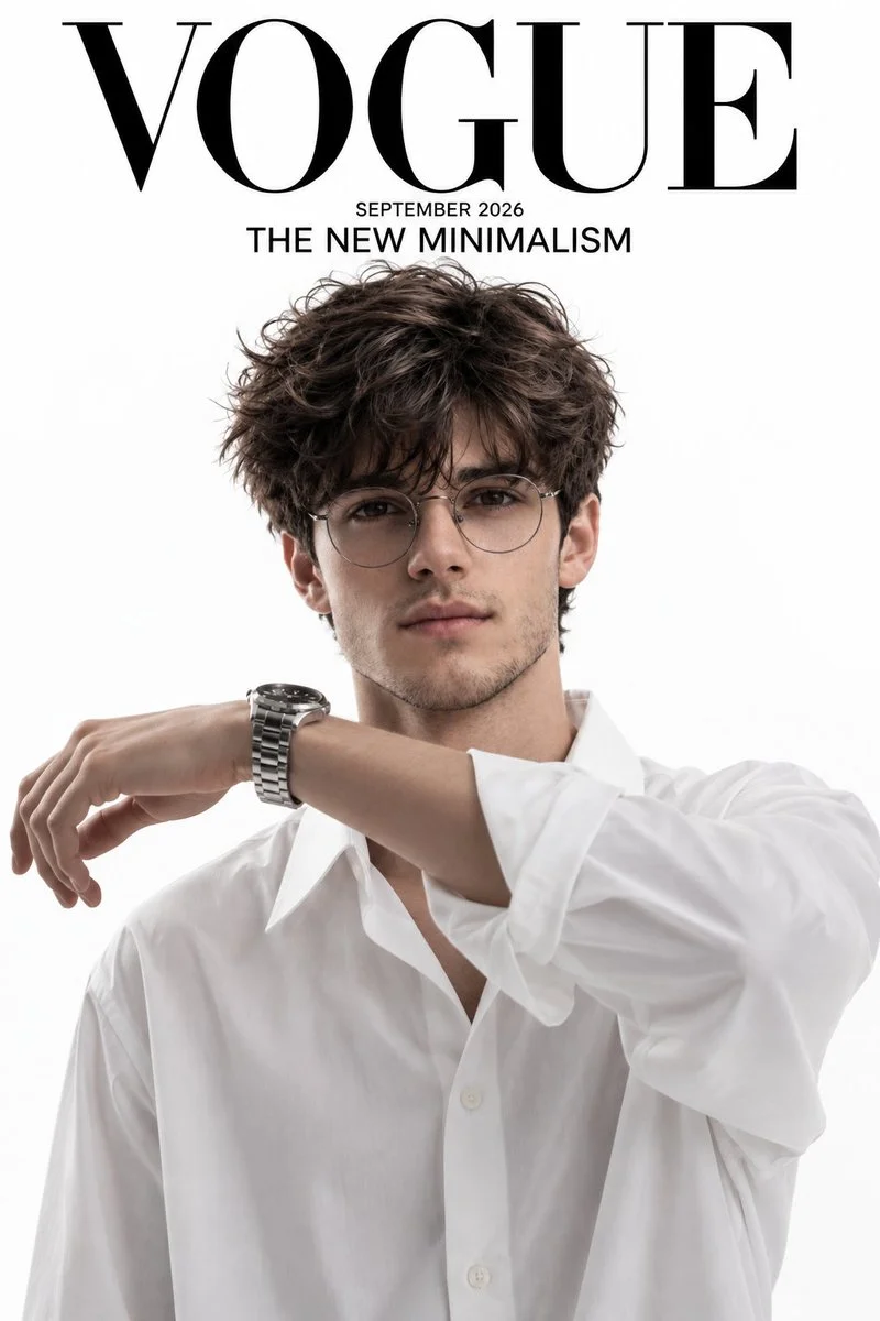 Curly-haired man in white shirt poses for minimalist Vogue cover