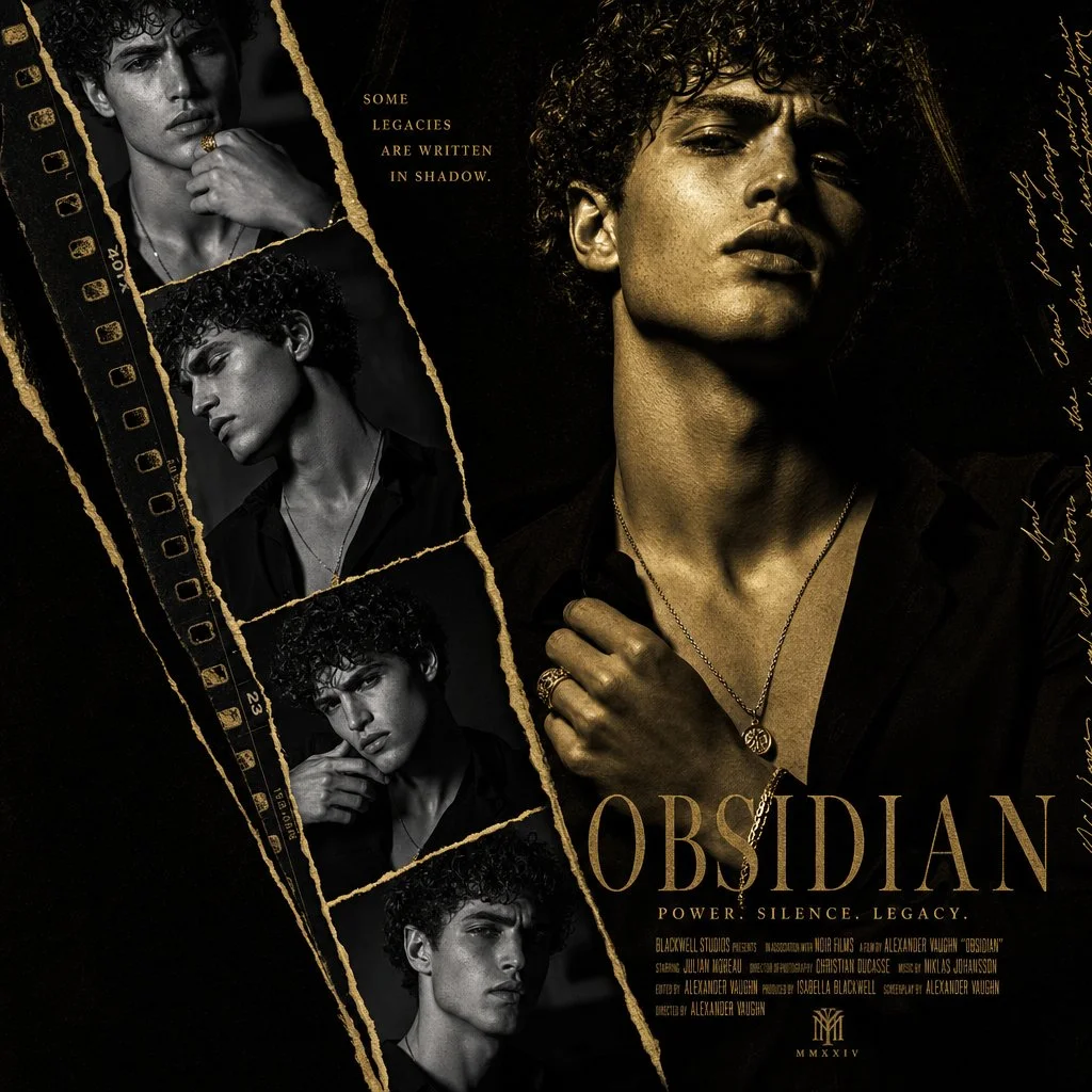 Curly-haired model in gold monochrome with dramatic shadows