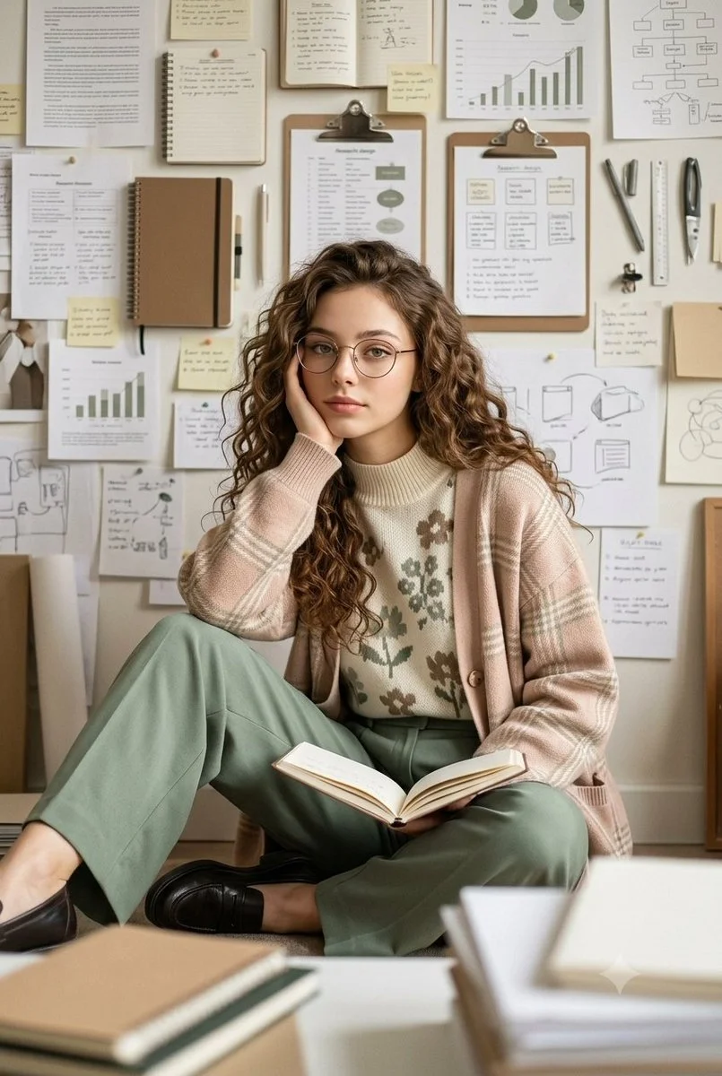 Curly-haired scholar gazes thoughtfully in cozy academic study