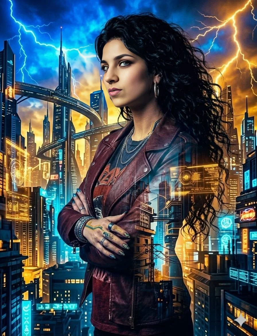 Curly-Haired Woman in Leather Jacket Stands Amid Cyberpunk Metropolis