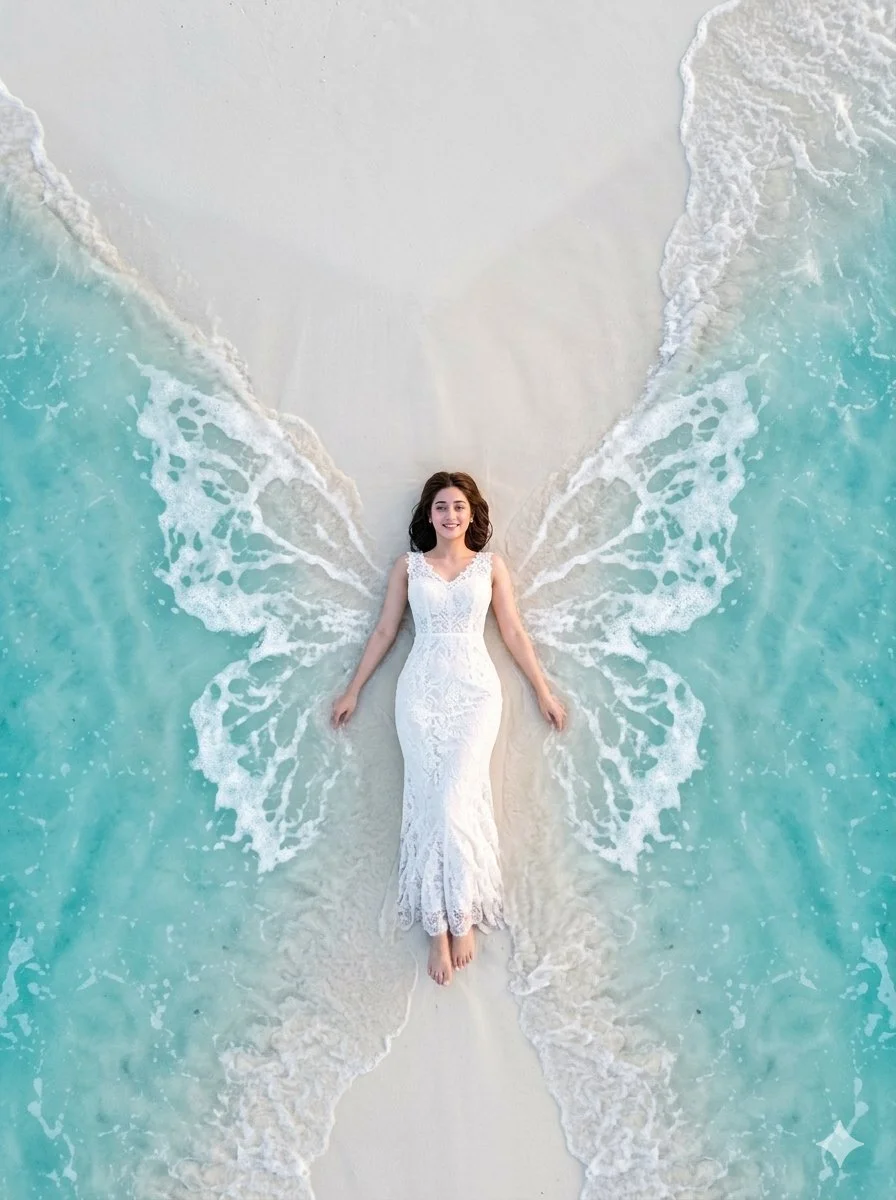 Curvy woman in white gown lies by turquoise sea with foam butterfly wings