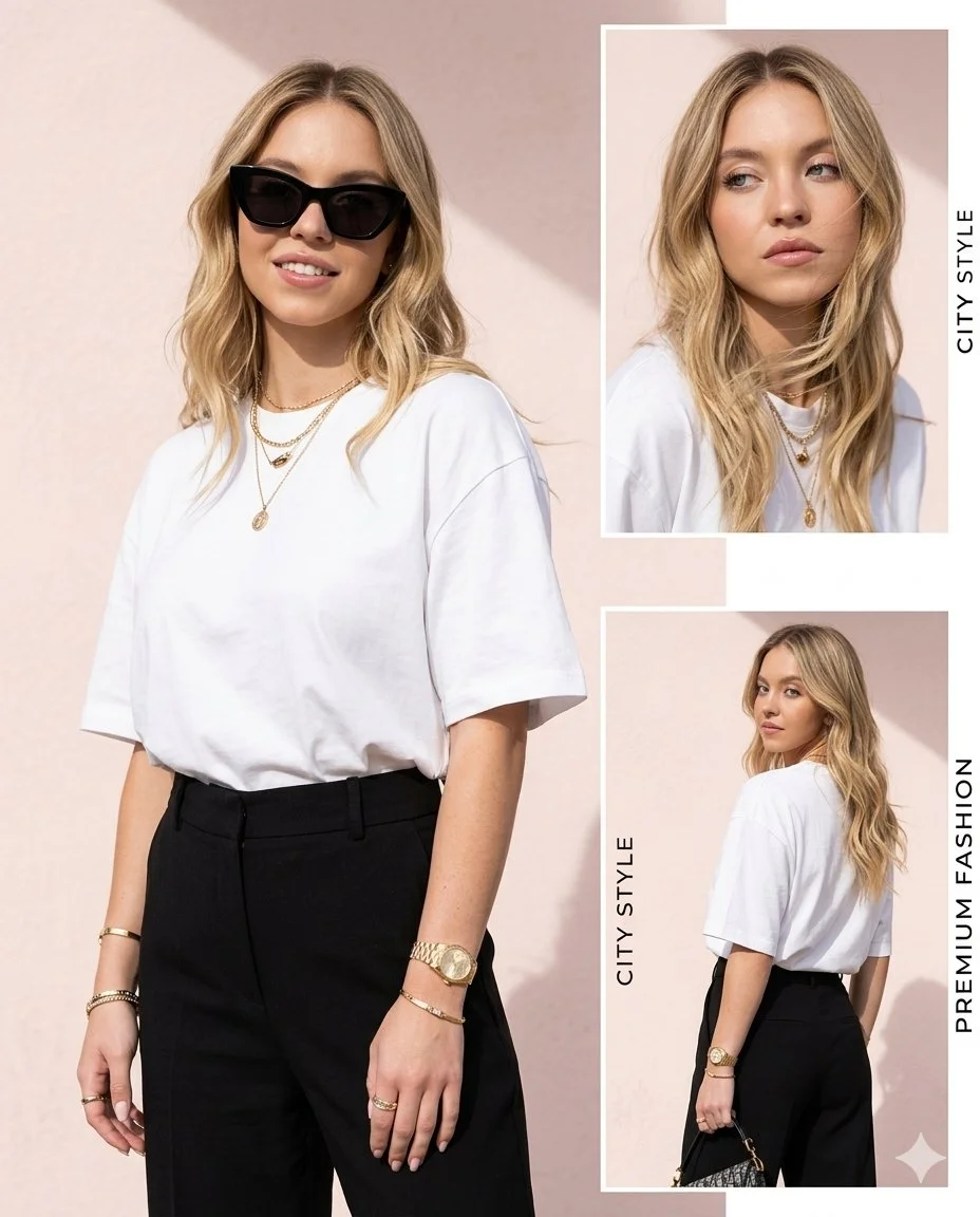 Curvy woman in white tee poses with trendy black sunglasses