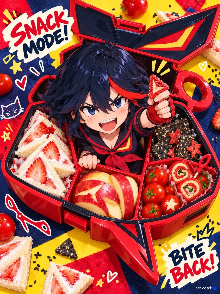 Cute character peeks out from a custom shaped bento box in bright snack ad style