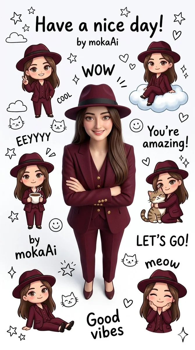 Cute character stands with chibi versions in doodled white space