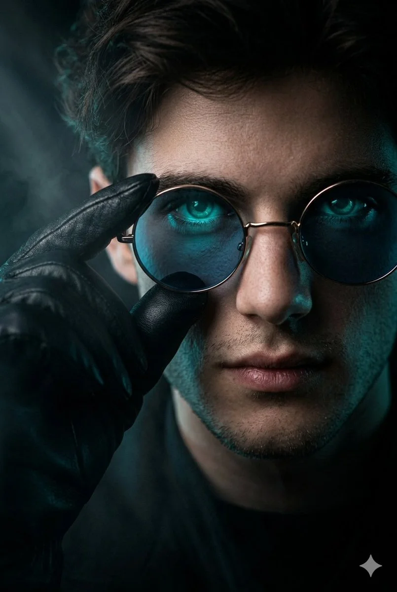 Cyber-Noir Portrait of a Young Man in Teal Glow