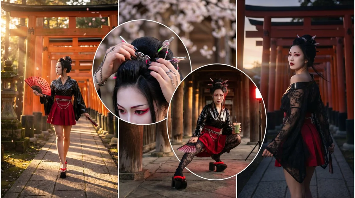 Cyber-Traditional Beauty Poses Before Ancient Vermilion Torii Gates