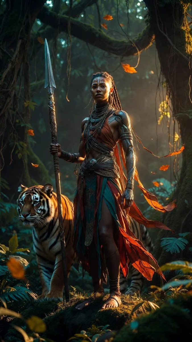 Cybernetic Amazonian Huntress and Tiger in a Lush Forest Clearing