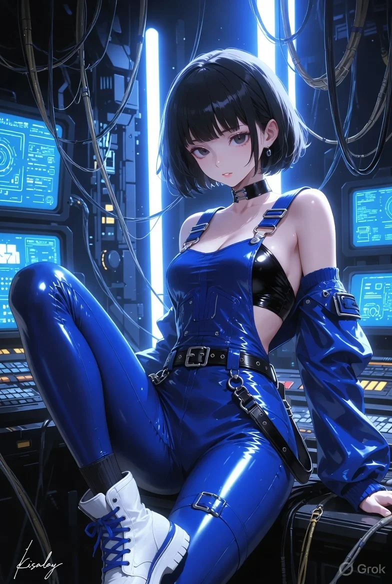 Cyberpunk anime pilot glows under blue neon lights in her command chair.