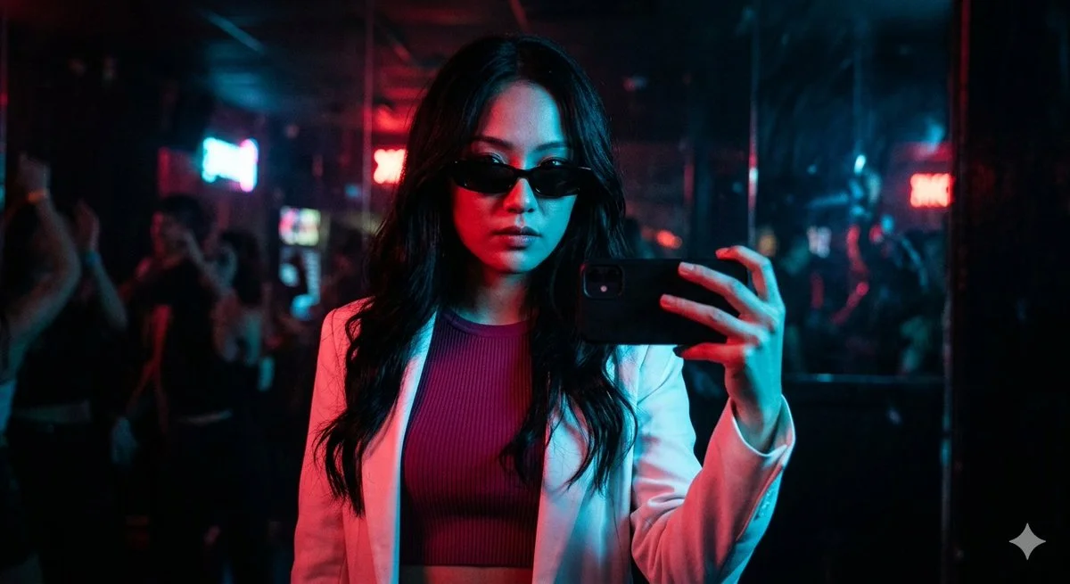 Cyberpunk Club Vibes: Neon-lit Selfie in a Packed Nightspot