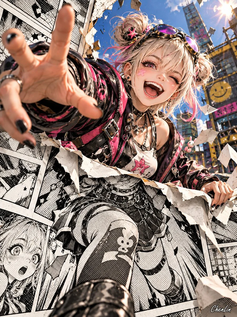 Cyberpunk girl tears through manga panel into 3D world