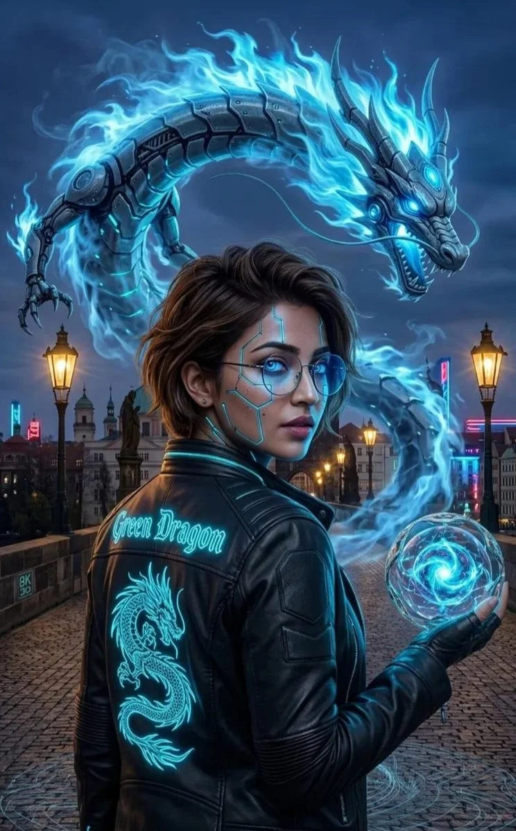 Cyberpunk girl with blue circuits looks back at a holographic dragon
