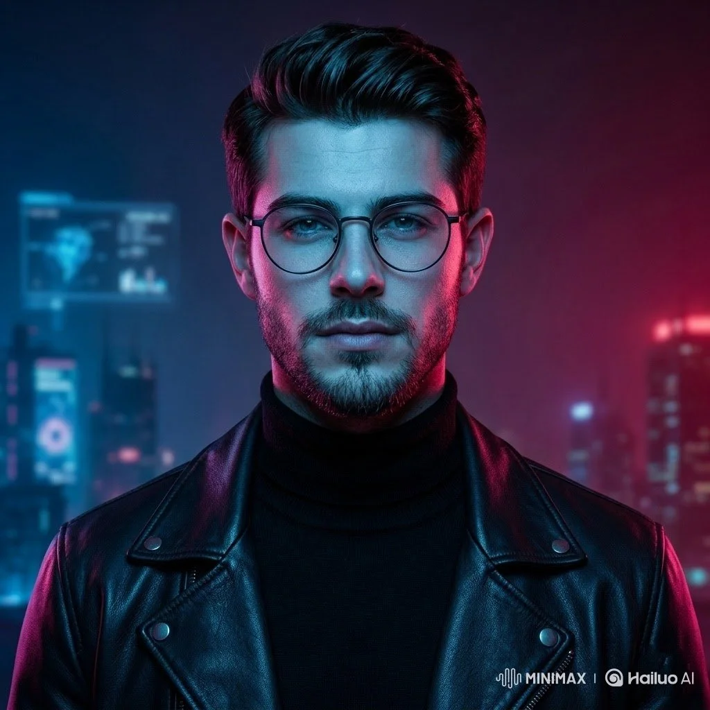 Cyberpunk Man Portrait: Neon Contrasts and Commanding Presence
