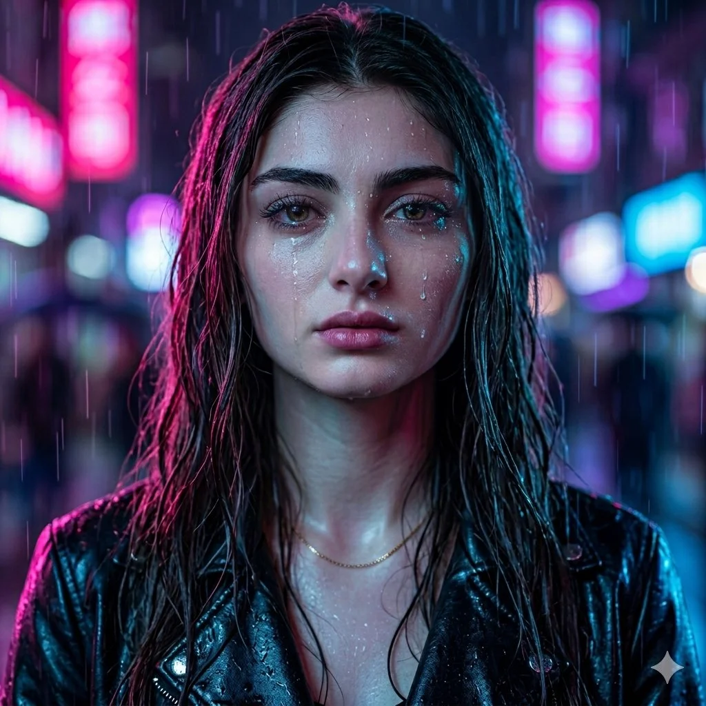 Cyberpunk Melancholy: Neon-Lit Portrait in the Rain
