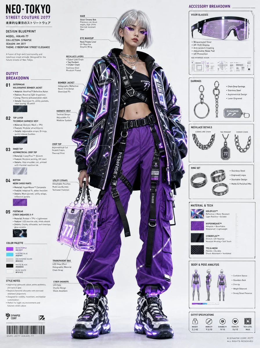 Cyberpunk streetwear girl stands confidently in holographic jacket
