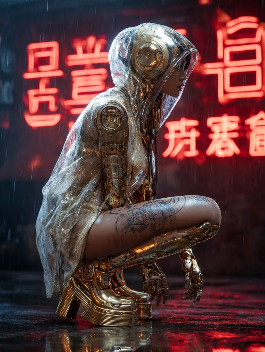 Cyberpunk woman crouches in rain under glowing red neon signs