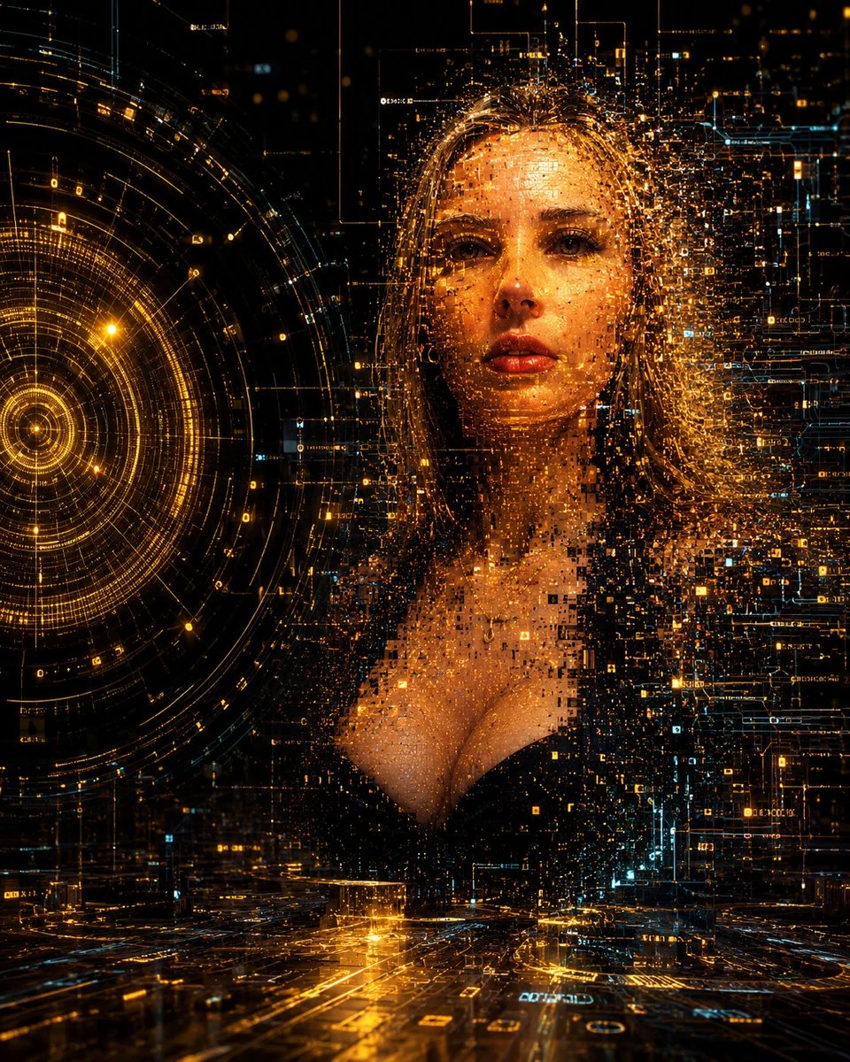 Cyberpunk woman materializes from glowing circuit board particles