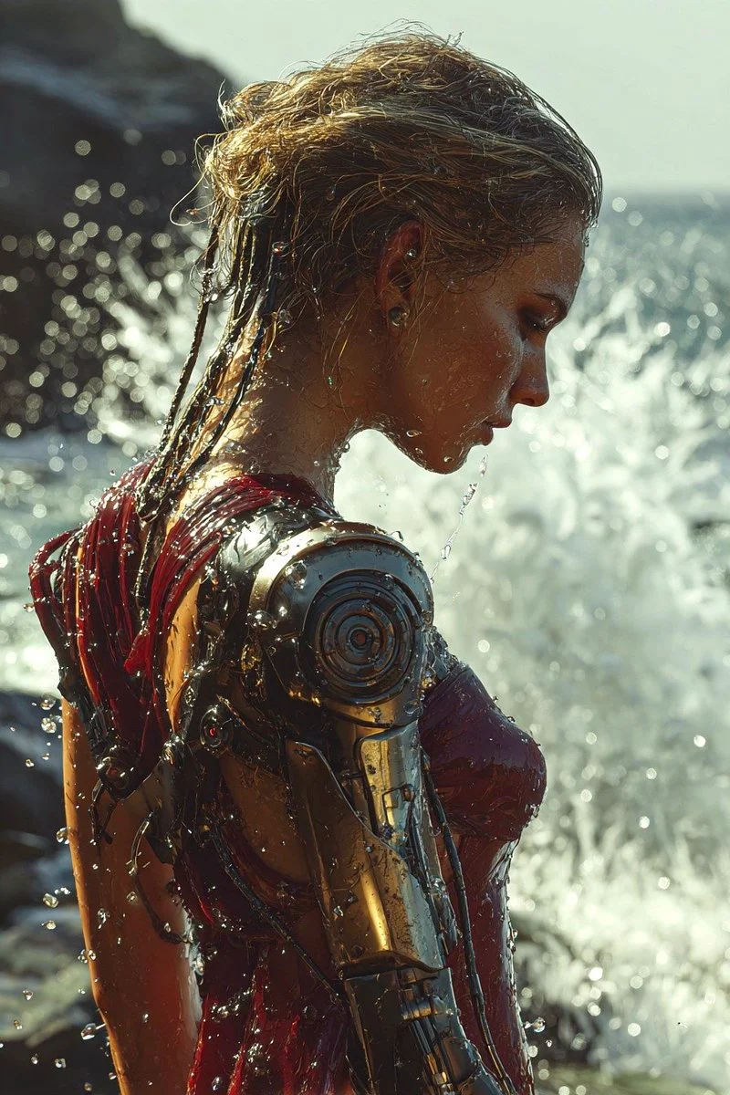 Cyborg Elegance Against Nature's Fury