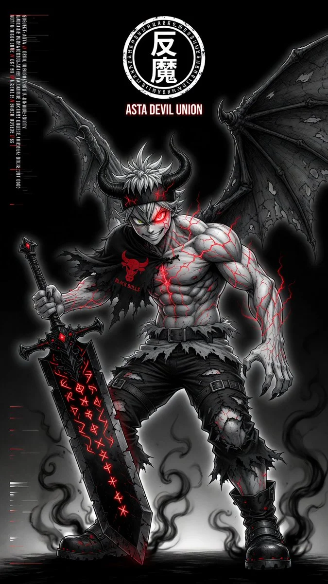 Dark angel Asta glares with one red eye in high-contrast monochrome art