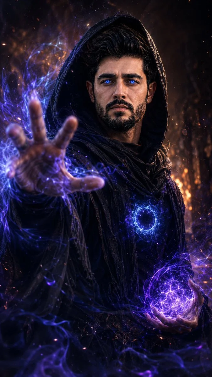 Dark fantasy wizard channels arcane energy in dramatic portrait