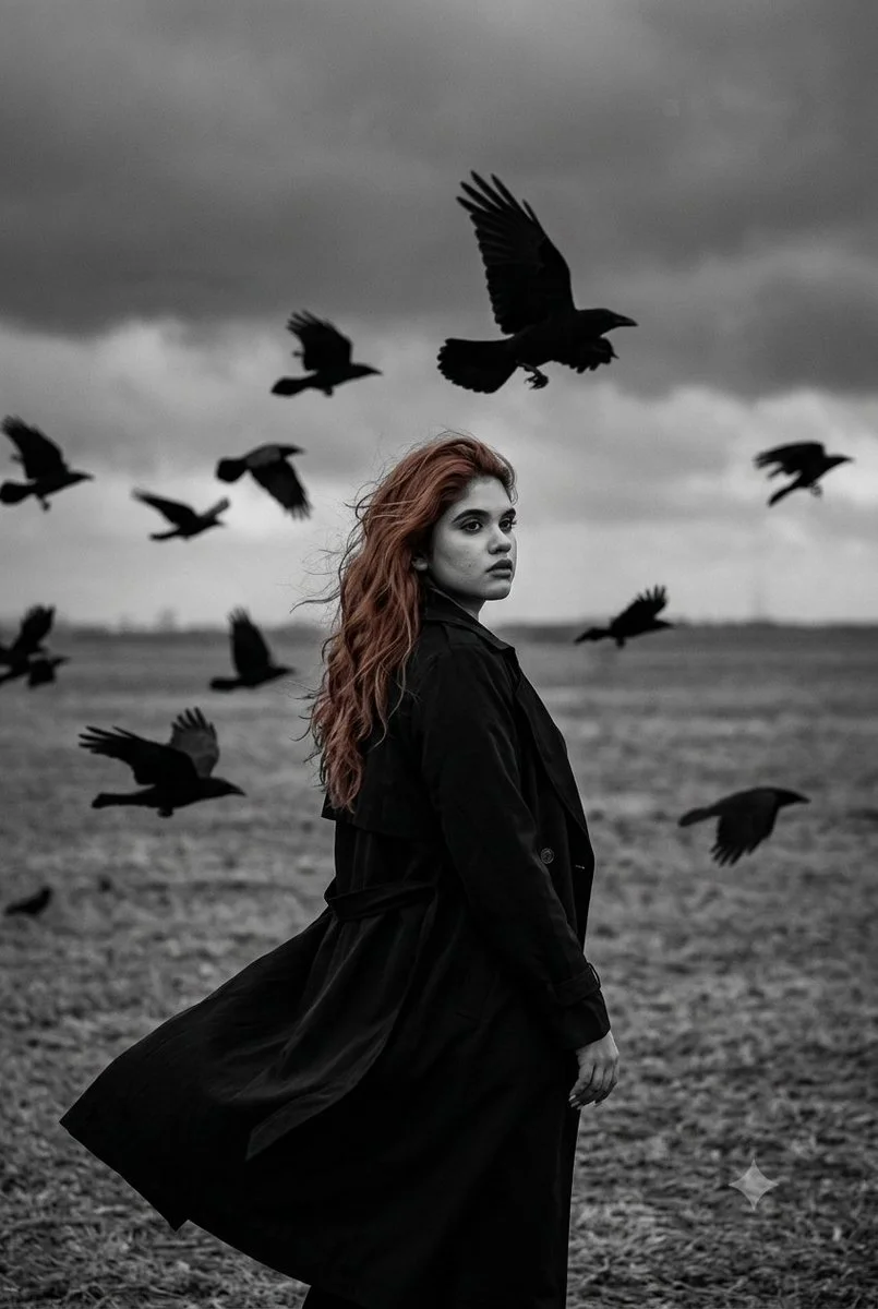 Dark gothic figure stands in field as crows circle overhead