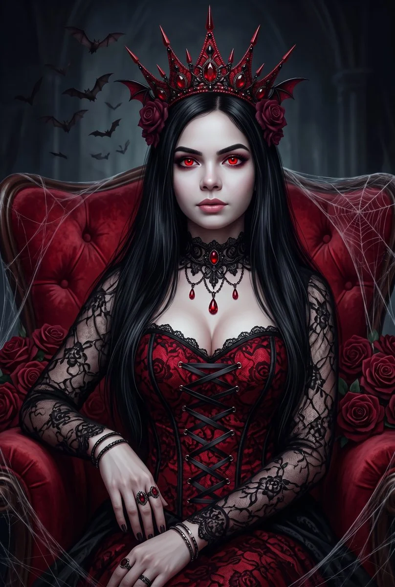 Dark Majesty: Vampire Queen's Crimson Throne Amidst Bats