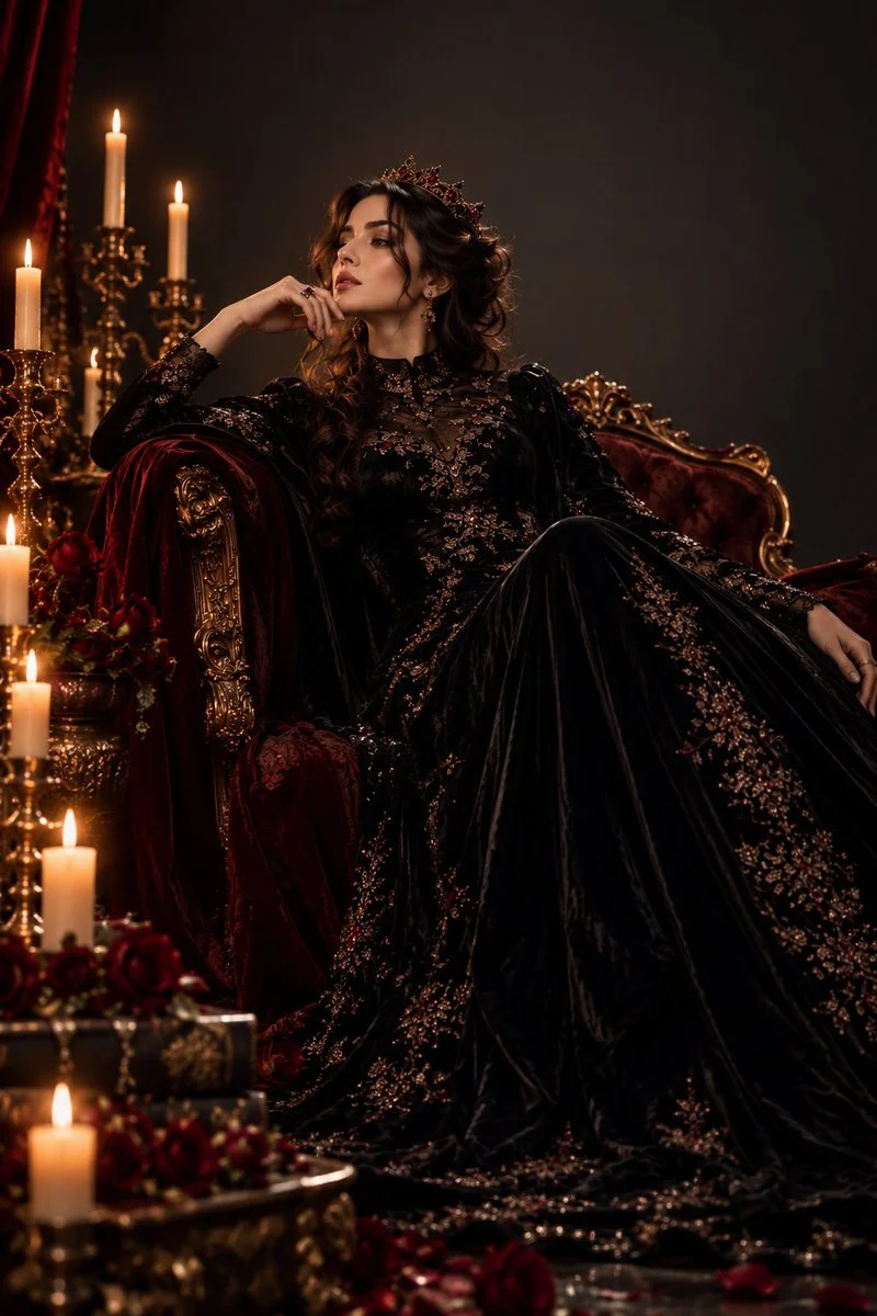 Dark Royal Queen in Black Velvet Gown on Antique Throne