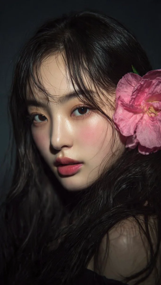 Dark side lighting reveals her dewy skin and rosy cheeks softly.