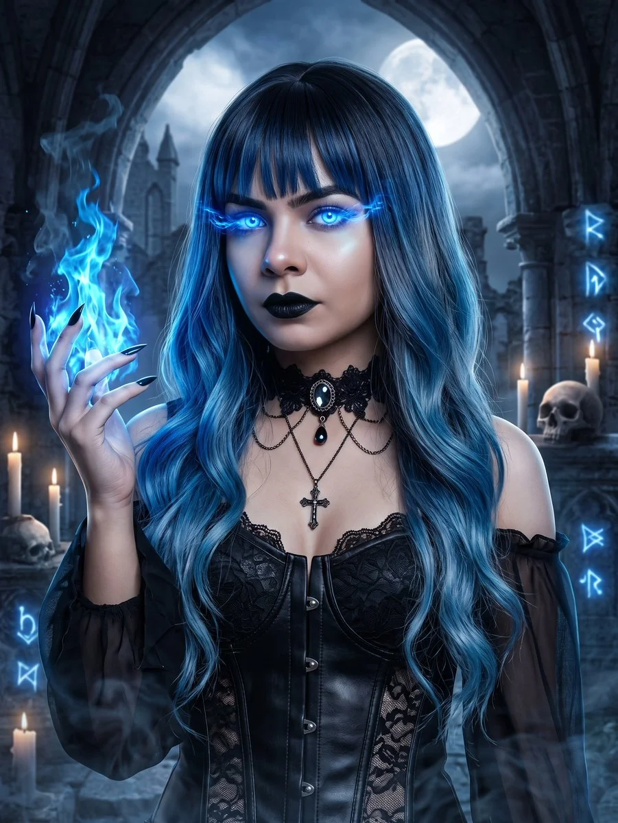 Dark Sorceress Channels Blue Magic In Ruined Gothic Castle