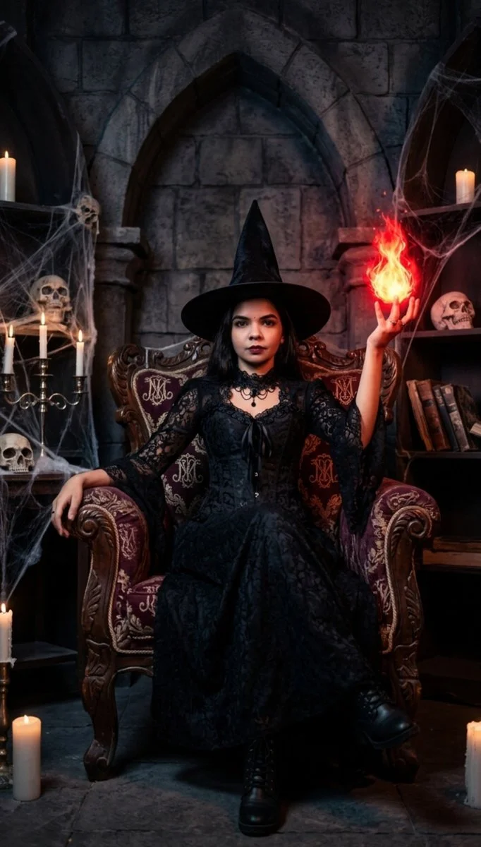 Dark sorceress conjures crimson fire atop velvet throne in crypt