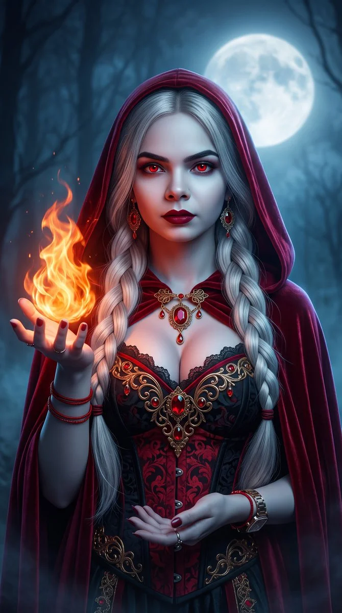 Dark sorceress holds swirling fire in moonlit misty forest