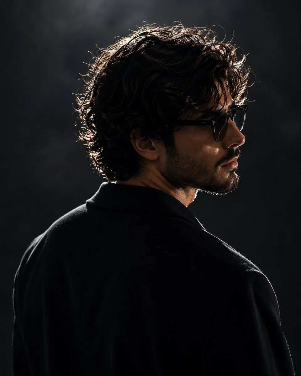 Dark studio profile portrait with rim light highlighting hair edges
