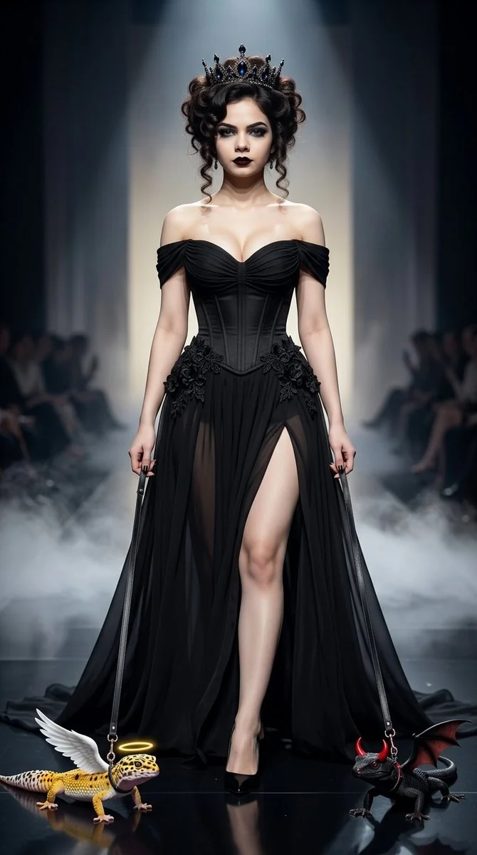 Dark Whimsical Runway Walk with Angel and Devil Geckos