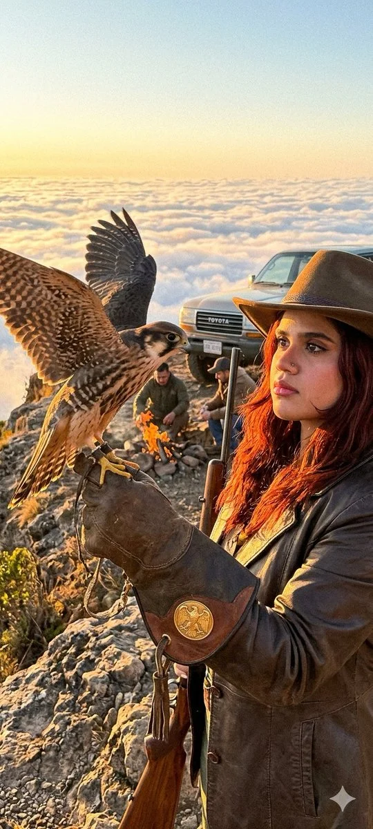 Dawn Vigil: Falcon and Patrona Above Sierra Madre Clouds