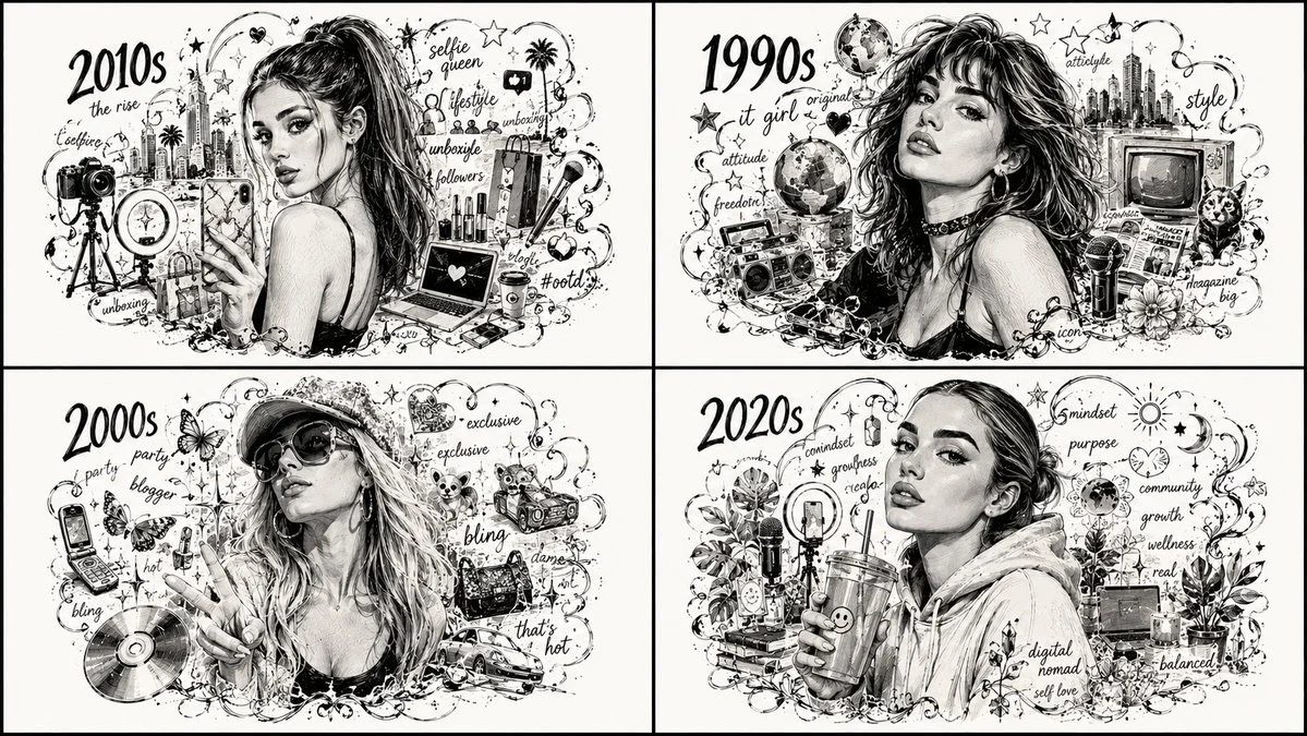 Decade queens in a monochrome grid, each with symbolic ink halos