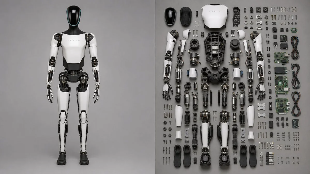 Deconstructed Tesla Optimus robot parts arranged in neat grid