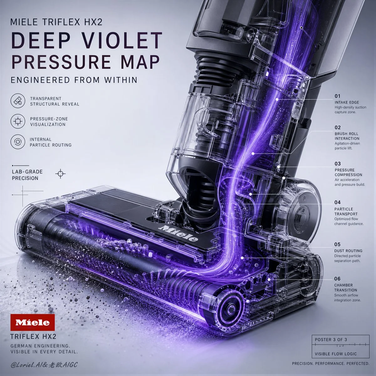 Deep-violet pressure maps visualize airflow inside Miele's premium vacuum