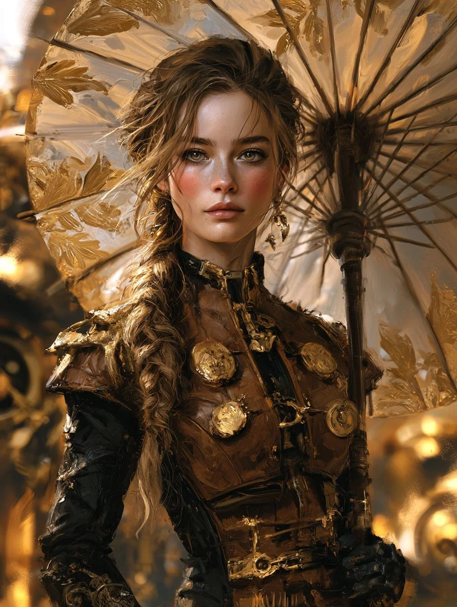 Delicate braided woman with ornate umbrella gazes in warm light