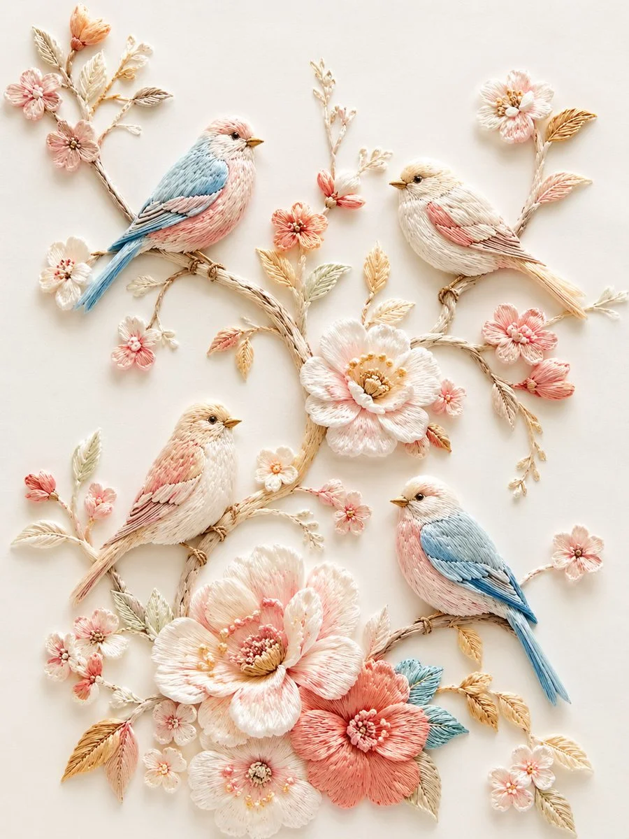 Delicate Embroidered Birds on Blossoming Branches
