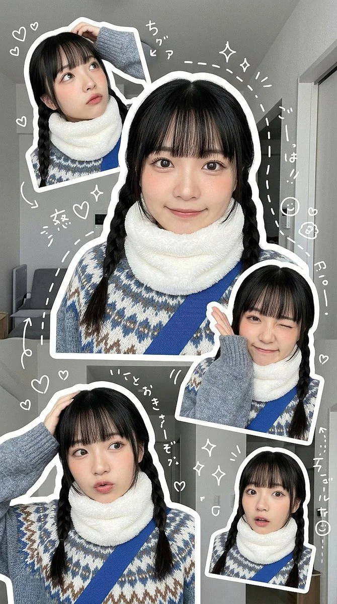 Delicate Expressions: A Vertical Collage of a Young Woman's Five Micro-Poses