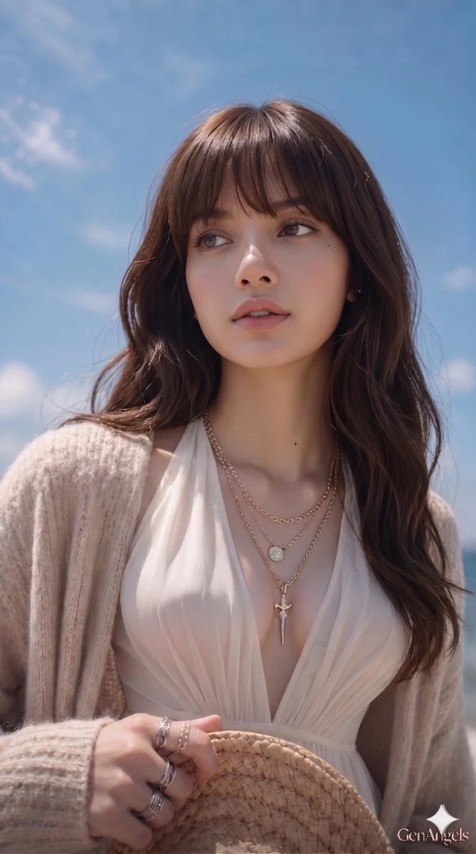 Delicate gold jewelry catches sunlight as wind sweeps her hair