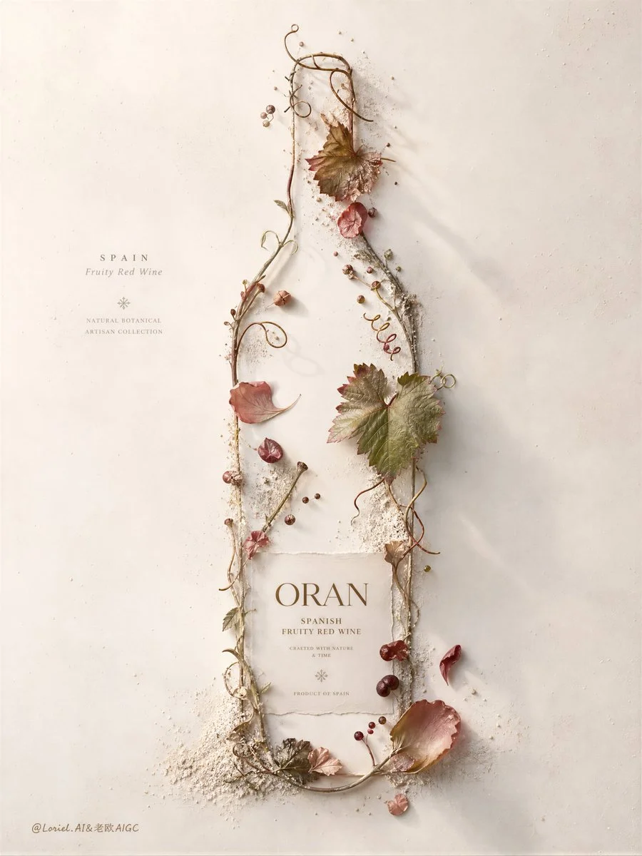 Delicate vine branches form a wine bottle silhouette on pale dust
