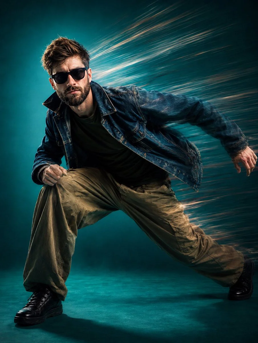 Denim-clad man crouches low amid teal motion streaks in studio