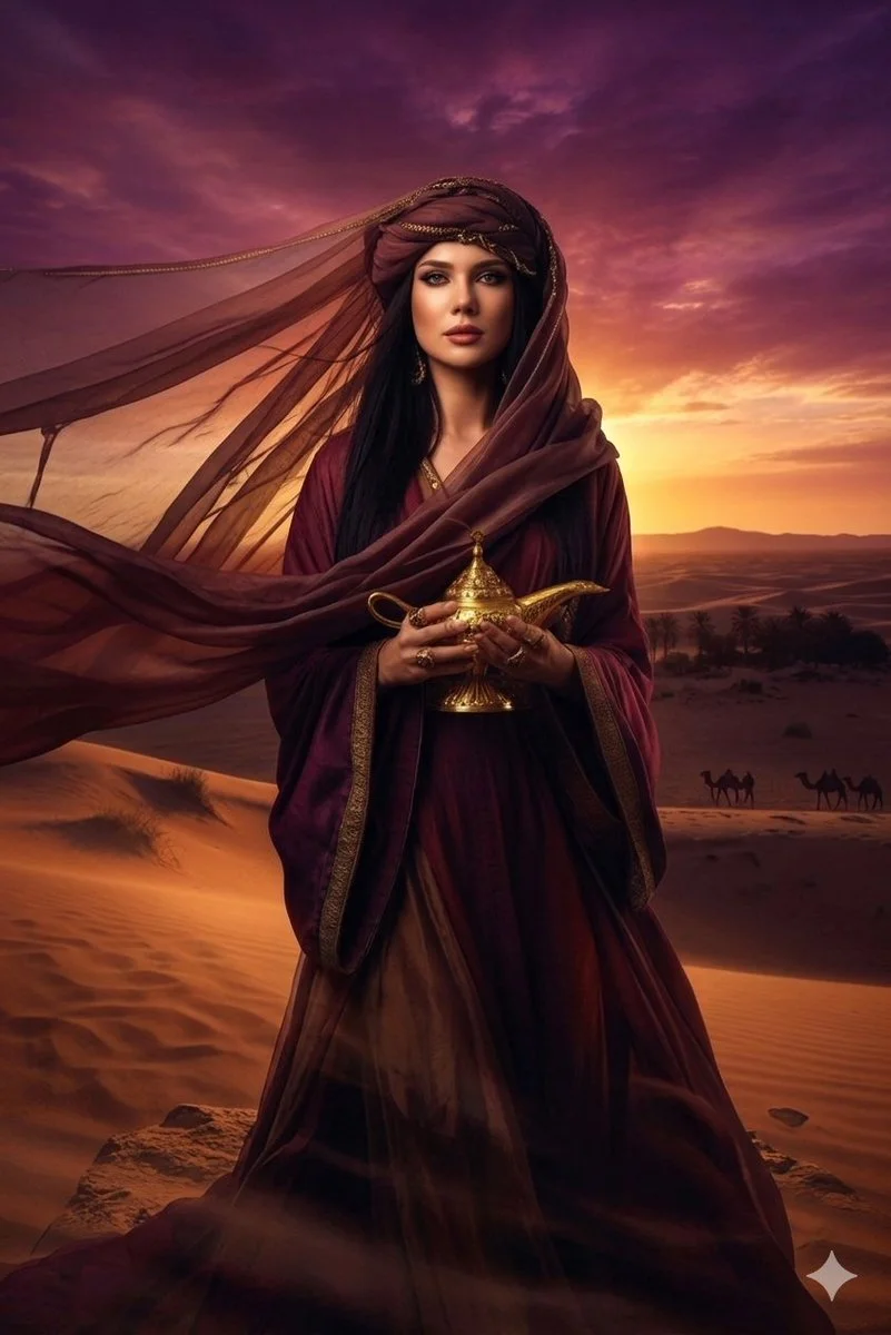 Desert Majesty: Woman with Golden Lamp at Sunset