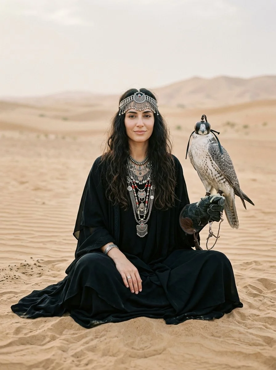 Desert woman with falcon sits serene in hazy dune landscape