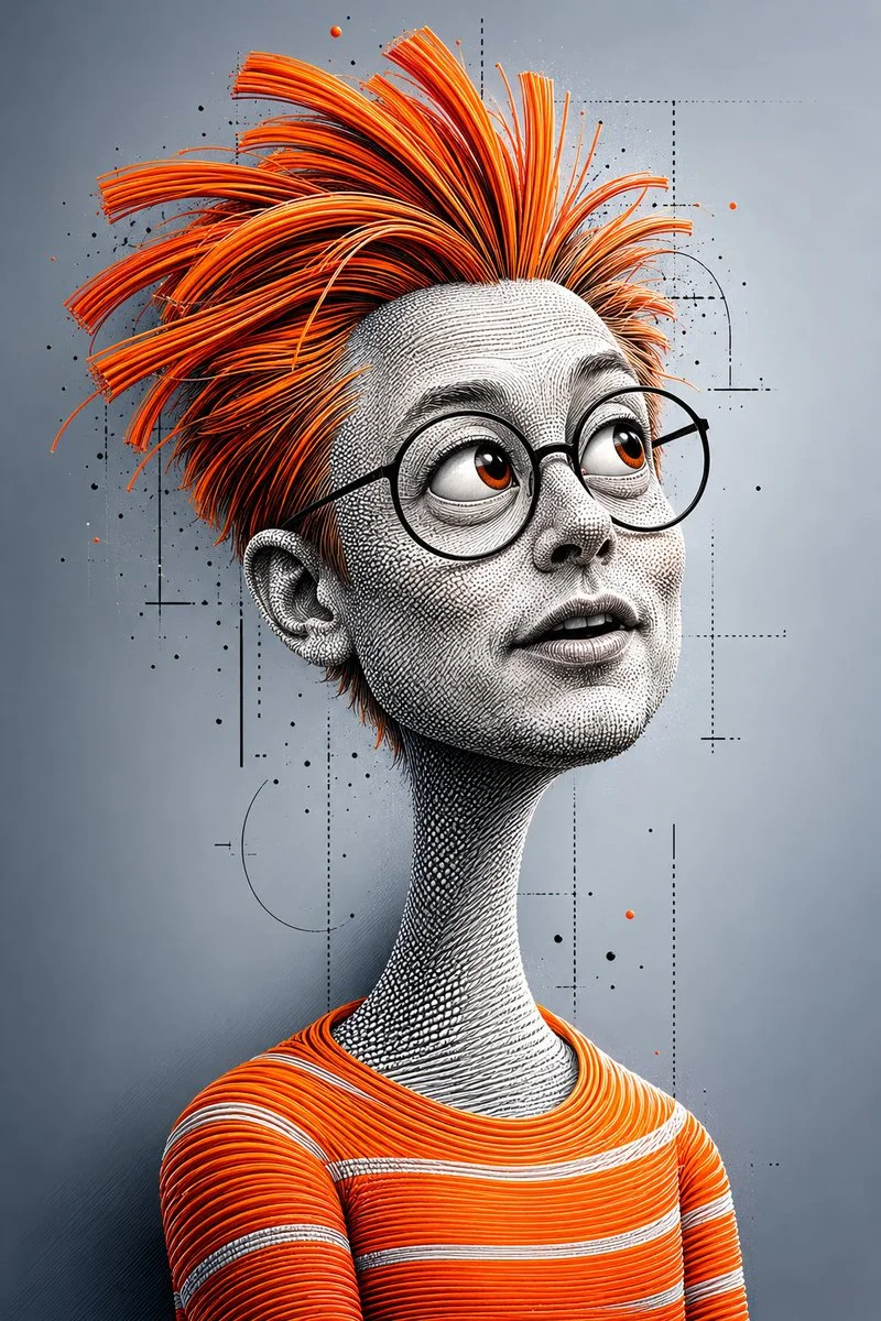 Detailed 3D caricature portrait with bead texture and spiky orange hair