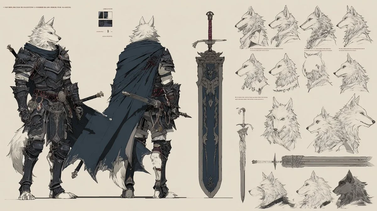Detailed Concept Art of Character Featuring Outfit and Object Variations