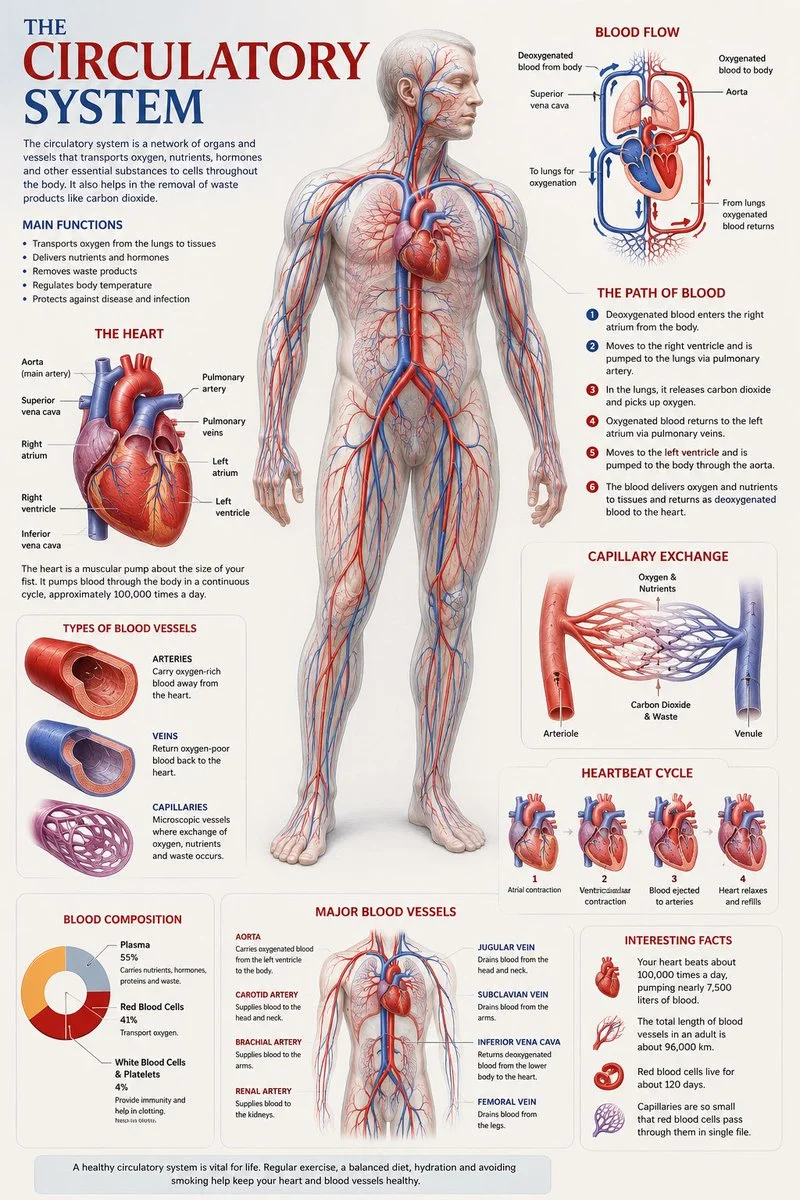 Detailed human circulatory system poster with glowing arteries