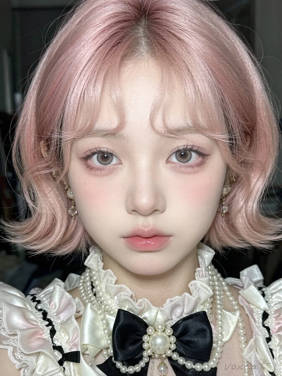 Detailed Photorealistic Close-Up of a Pink-Haired Sweet Doll-Faced Woman